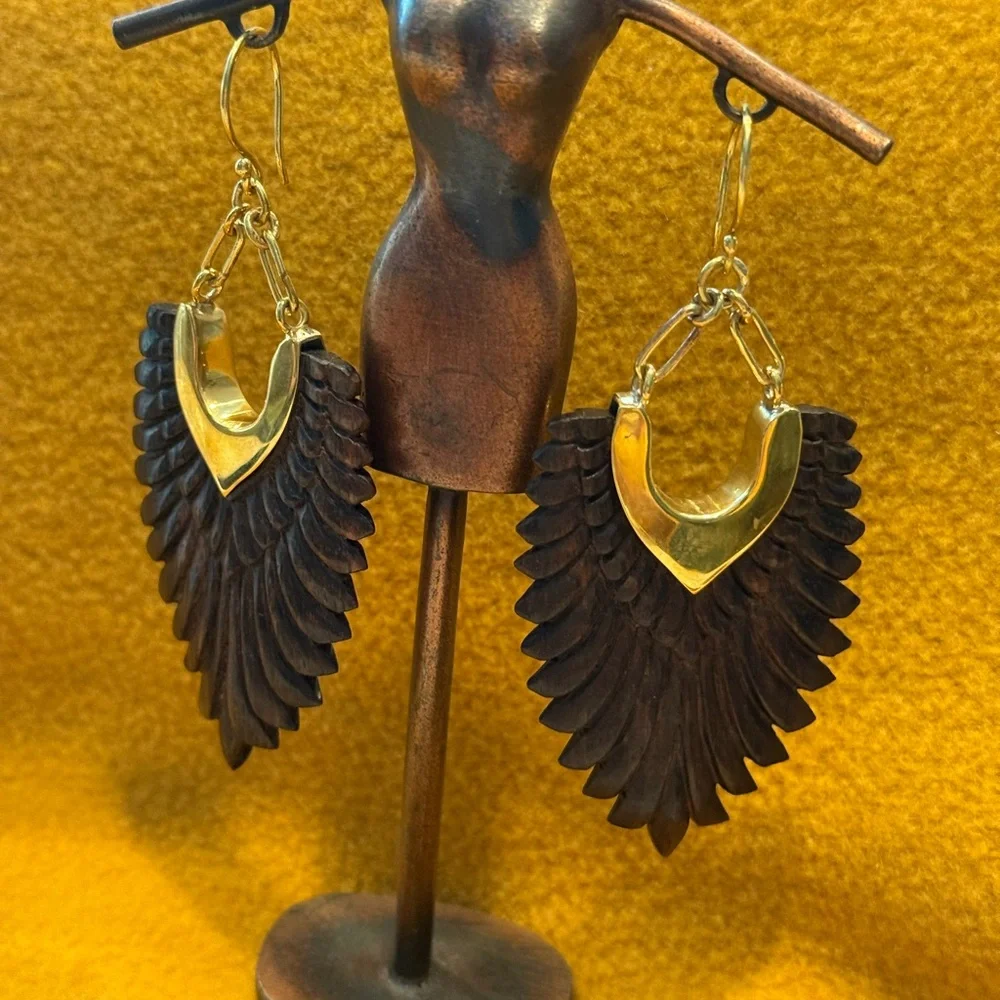 Gold Toned Trim Dark Wood Earrings Feather Style Earrings Hand Carved In Bali - Picture 2 of 9
